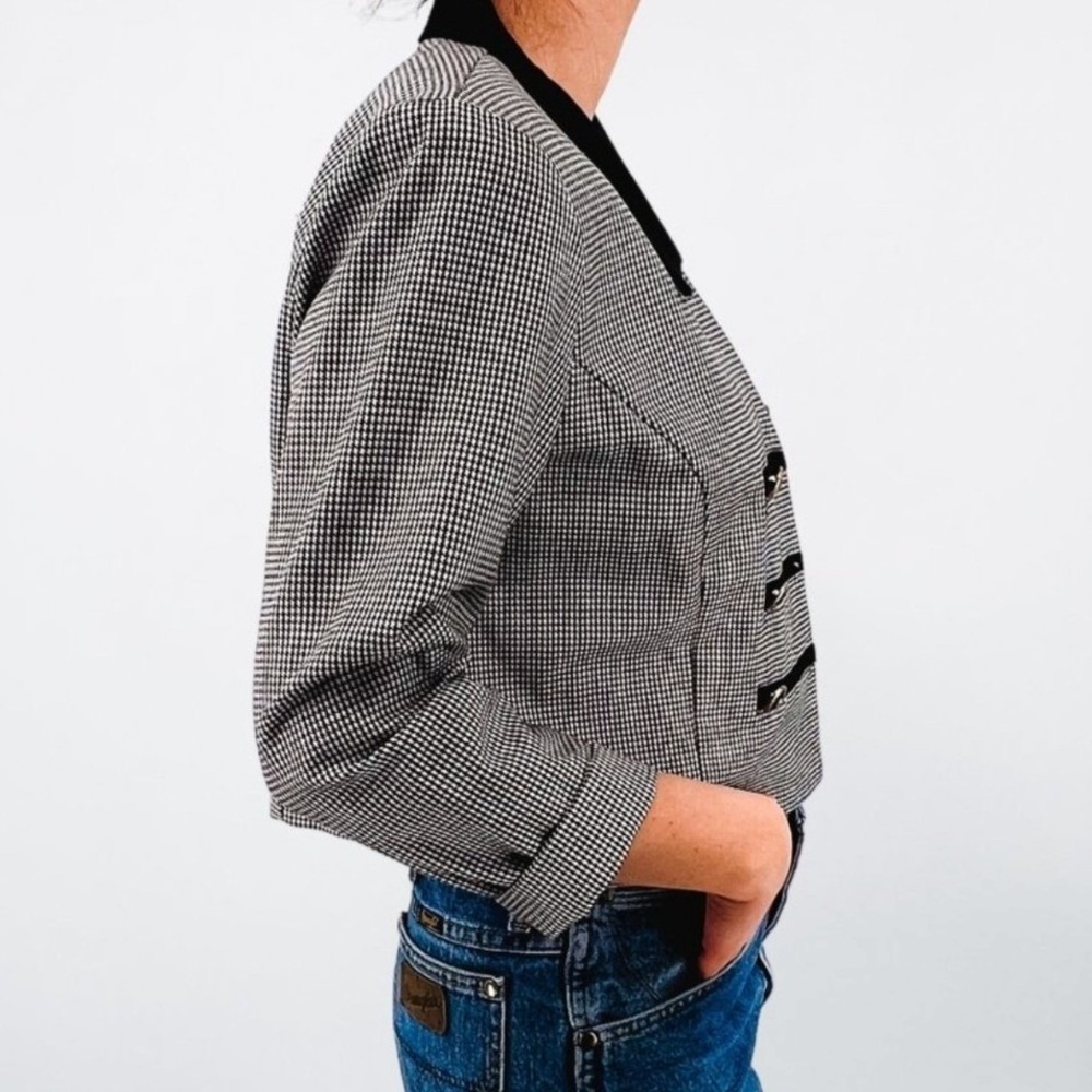Sheri Martin Vintage Houndstooth Cropped Blazer Velvet Collar Black White 14P - Picture 4 of 8
